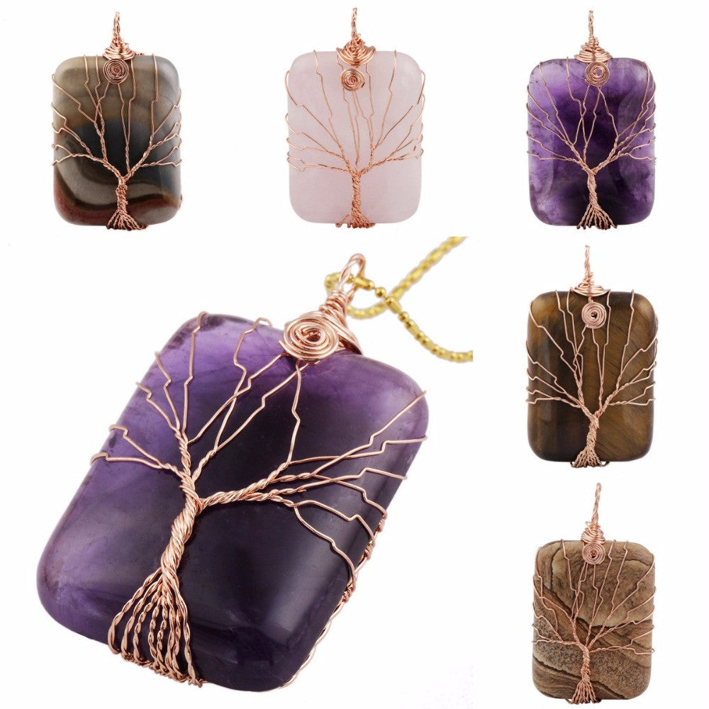 SUNYIK Rectangle Gem Stone Copper Wire Wrapped Tree Of Life Healing Reiki Pendant Fit Necklace (Free Chain)