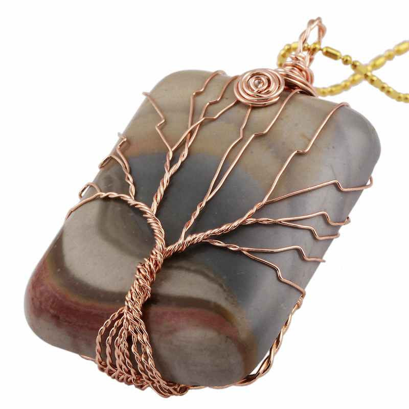 SUNYIK Rectangle Gem Stone Copper Wire Wrapped Tree Of Life Healing Reiki Pendant Fit Necklace (Free Chain)