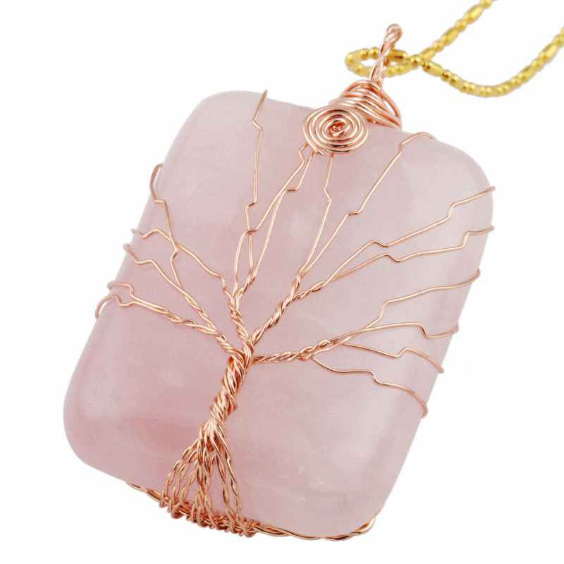SUNYIK Rectangle Gem Stone Copper Wire Wrapped Tree Of Life Healing Reiki Pendant Fit Necklace (Free Chain)