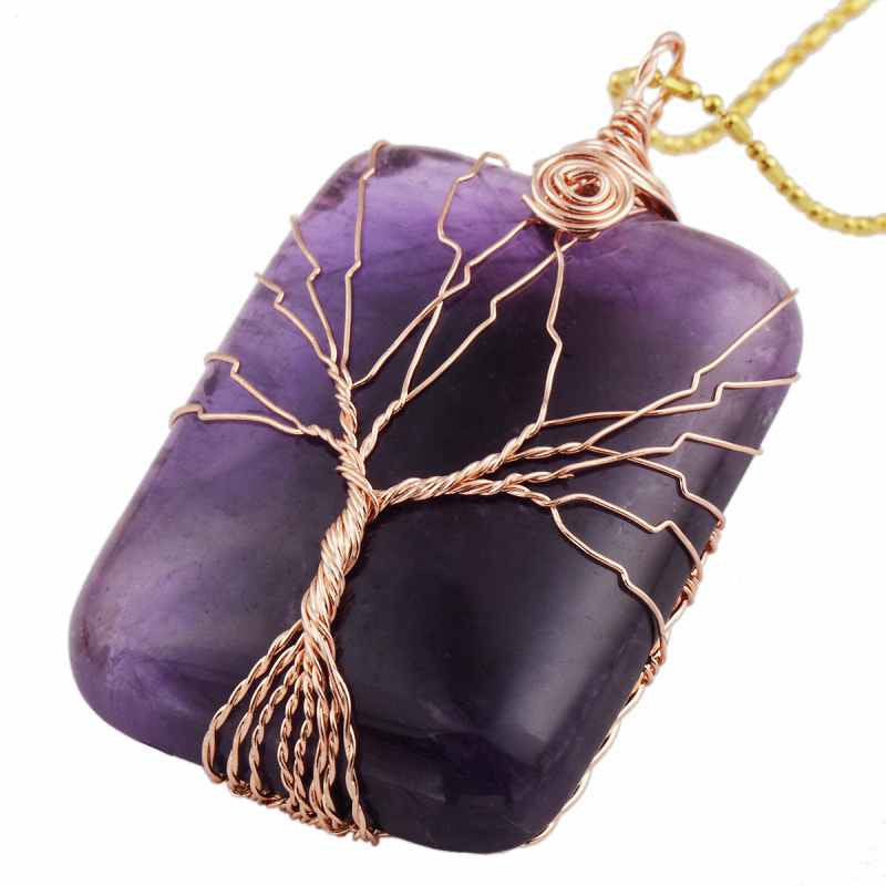 SUNYIK Rectangle Gem Stone Copper Wire Wrapped Tree Of Life Healing Reiki Pendant Fit Necklace (Free Chain)