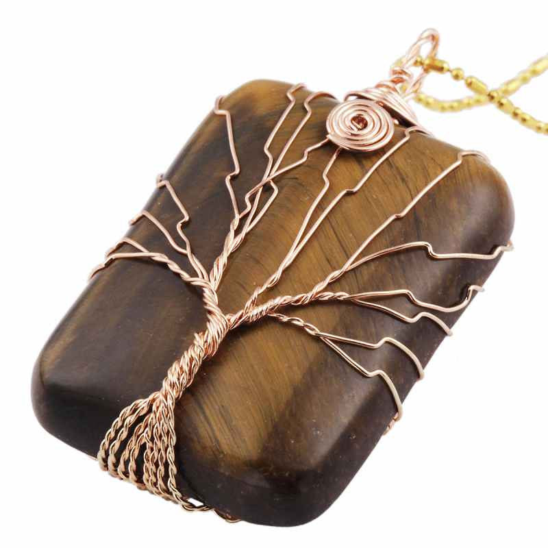 SUNYIK Rectangle Gem Stone Copper Wire Wrapped Tree Of Life Healing Reiki Pendant Fit Necklace (Free Chain)