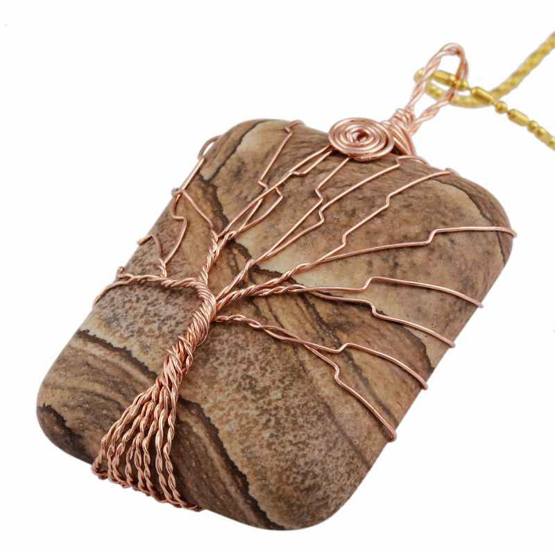 SUNYIK Rectangle Gem Stone Copper Wire Wrapped Tree Of Life Healing Reiki Pendant Fit Necklace (Free Chain)